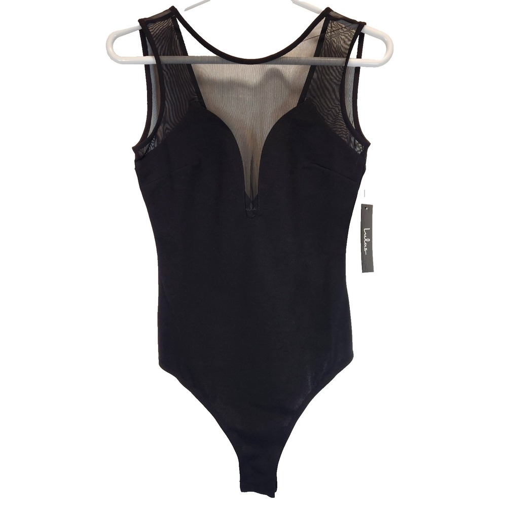 Lulus Black Sleeveless Women`s Size S La Luneta Black Mash Bodysuit Deep-cut NWT